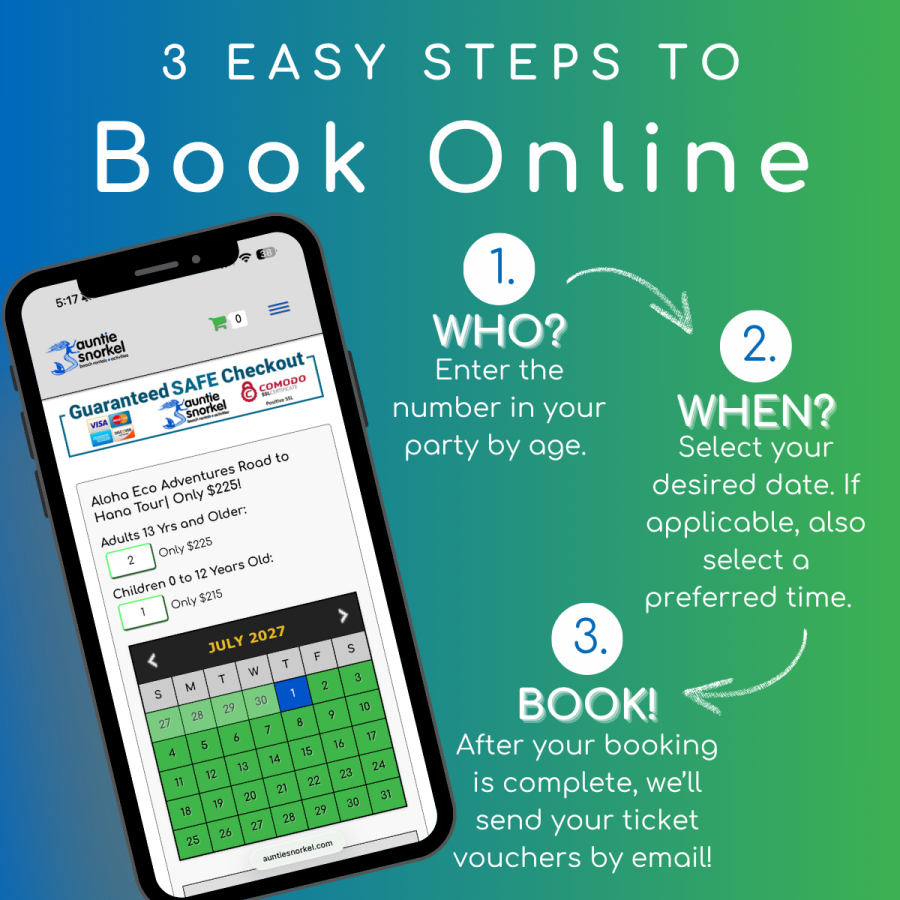 3 Easy Steps to Book Online - Aloha Eco Adventures Road to Hana Tour - Book Maui Activities at Auntie Snorkel