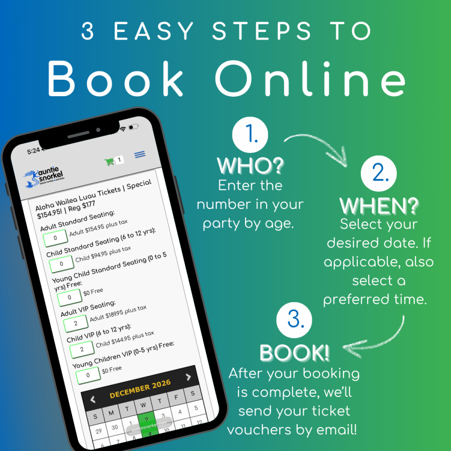 3 Easy Steps to Book Online - Aloha Wailea Luau - Mulligans on the Blue - Book Maui Activities at Auntie Snorkel