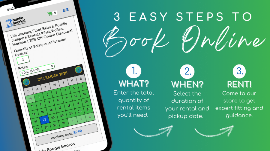 3 Easy Steps to Book Online Banner - Rent Maui Beach Gear at Auntie Snorkel