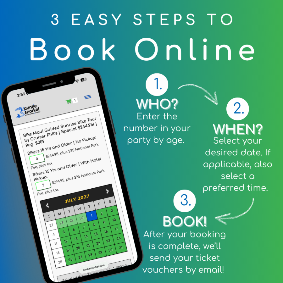 3 Easy Steps to Book Online - Bike Maui Haleakala Sunrise Guided Bike Tour - Book Maui Activities at Auntie Snorkel