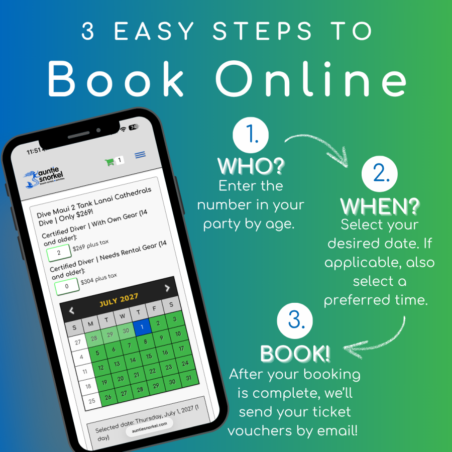 3 Easy Steps to Book Online - Dive Maui 2 Tank Lanai Cathedrals Dive - Book Maui Activities at Auntie Snorkel