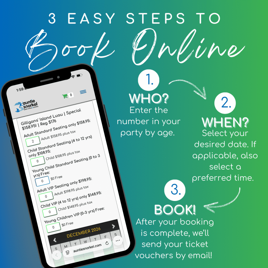 3 Easy Steps to Book Online - Gilligans Island Luau at Maui Nui Golf Course - Book Maui Activities at Auntie Snorkel