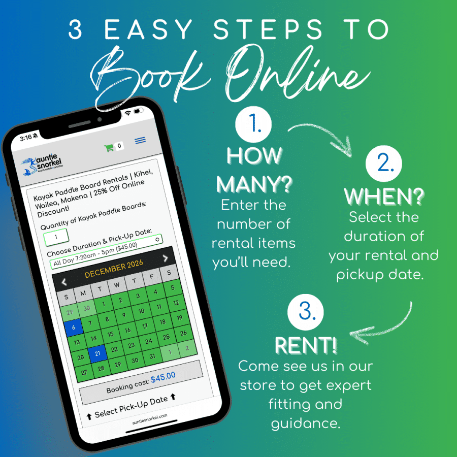 3 Easy Steps to Book Online - Sit Down Paddle Board Rental - Kayak Style - Auntie Snorkel Maui