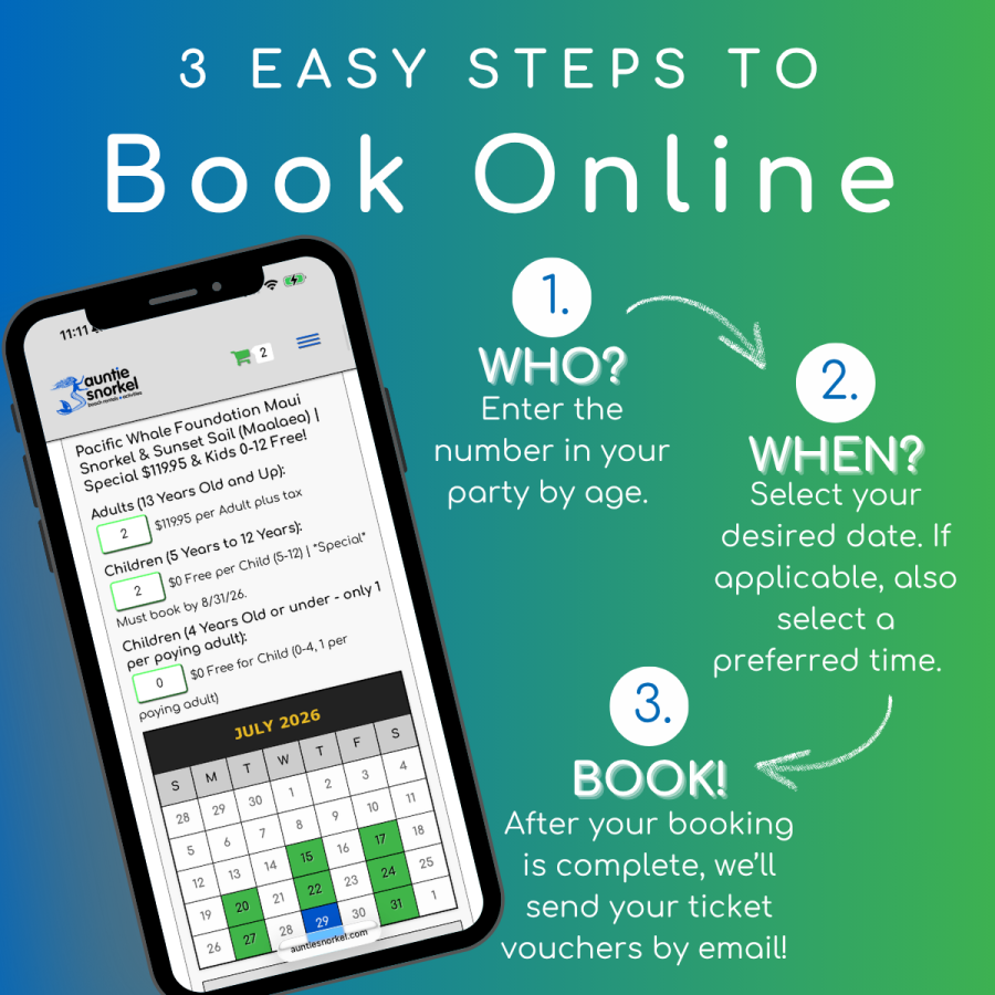 3 Easy Steps to Book Online - Pacific Whale Foundation Maui Snorkel and Sunset Sail - Maalaea - Book Maui Activities at Auntie Snorkel