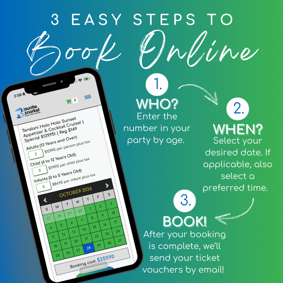 3 Easy Steps to Book Online - Teralani Holo Holo Sunset Appetizer & Cocktail Cruise - Book Maui Activities at Auntie Snorkel