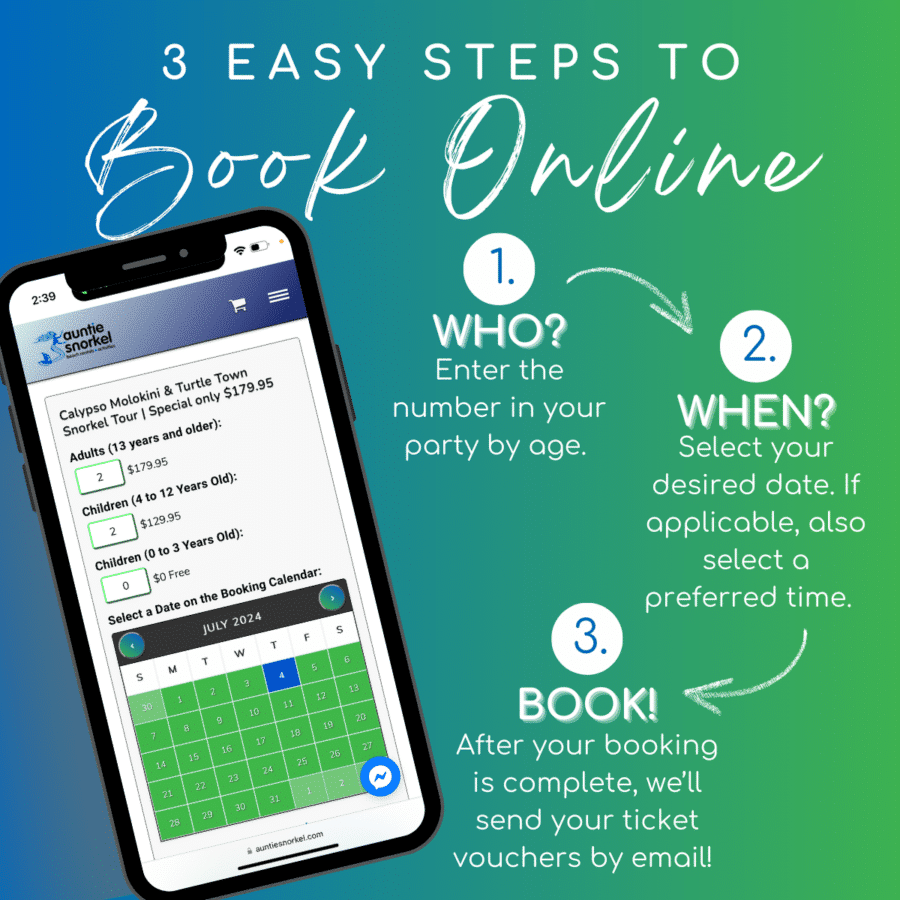3 Easy Steps to Book Online - Auntie Snorkel - Calypso Molokini Snorkel Tour Bookings
