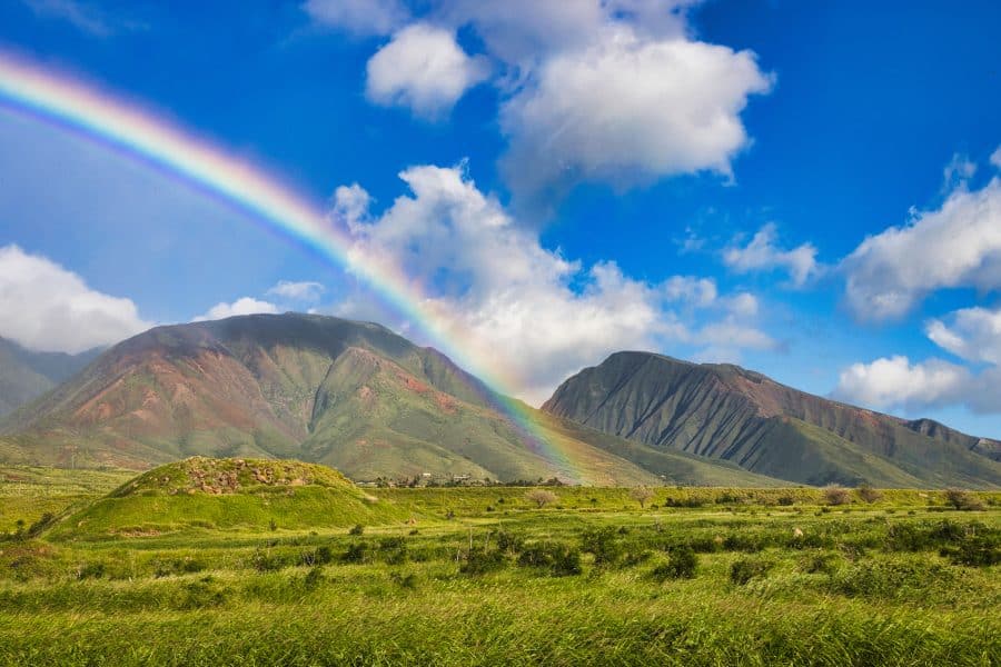 Beautiful rainbow hanging over the west maui mountains.