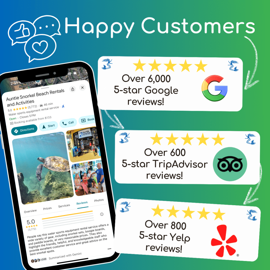 Happy Customers - Google - TripAdvisor - Yelp Reviews - Book Maui Activities at Auntie Snorkel in Kihei and Lahaina Maui