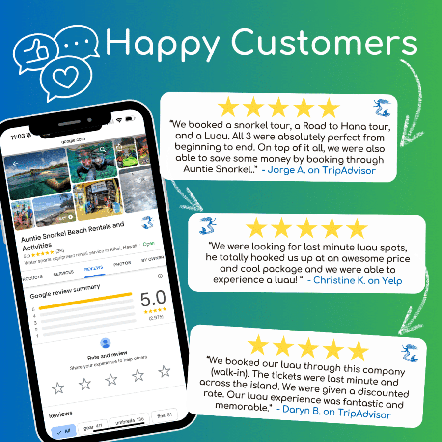 Happy Customers - Royal Lahaina Luau - Myths of Maui Luau - Book Maui Activities at Auntie Snorkel