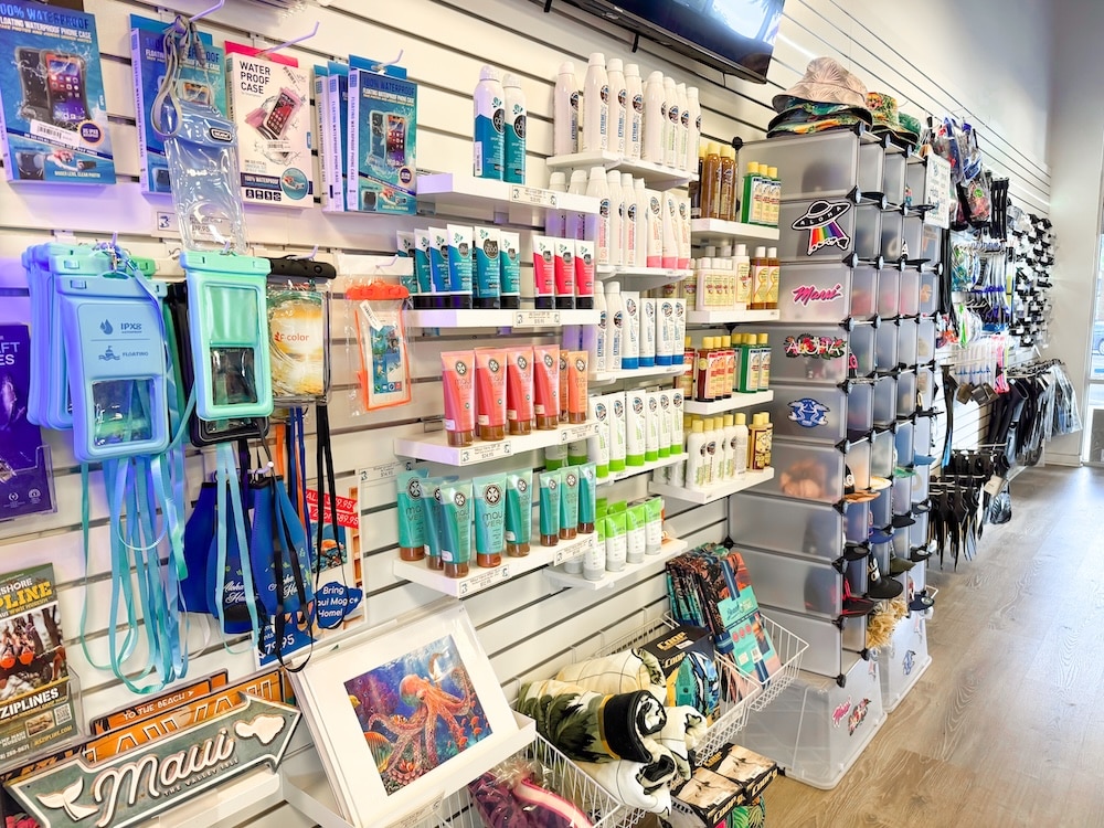 Sunscreen, Hats, Phone Cases, and Maui Souvenirs at Auntie Snorkel