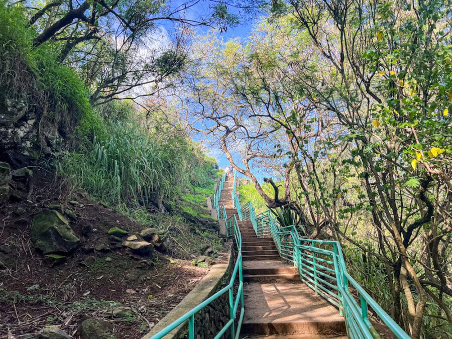 A long stair case that leads down to Mokule'ia Bay